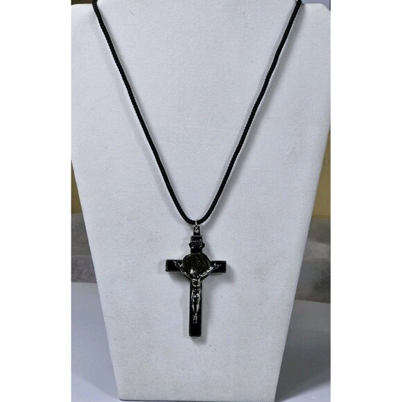 St. Benedict Crucifix Necklace Black Enamel Cross with Cord Catholic Pendant - Picture 3 of 9